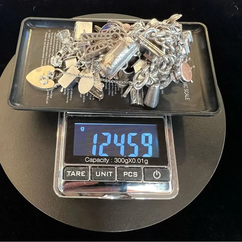 VINTAGE CHARM BRACELET HEART LOCKET TRAVEL 60s 70s STERLING SILVER 925 124G EVC